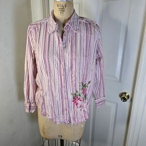 Pink Striped Button‎ Shirt Floral Embroidery Mix It Cotton Womens 1X